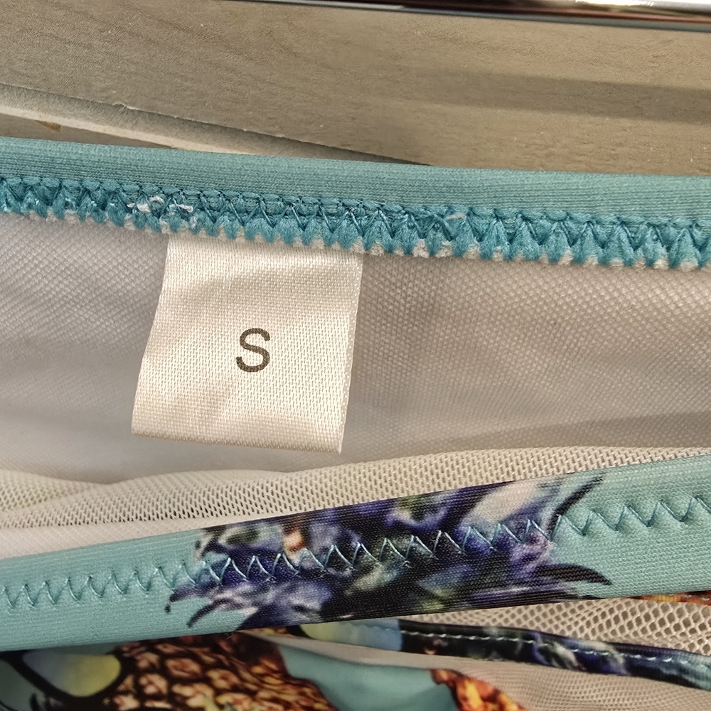 {S} Pineapple With Sunglasses Bikini Smocked Top Teal - Picture 11 of 13